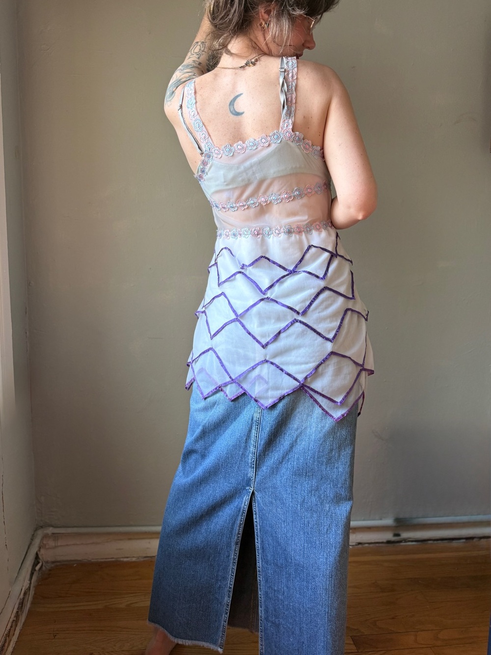 Vintage 90s Sheer Mesh Appliqué Dress | Romantic Boudoir Mini Slip | Size M/L - Picture 2 of 13